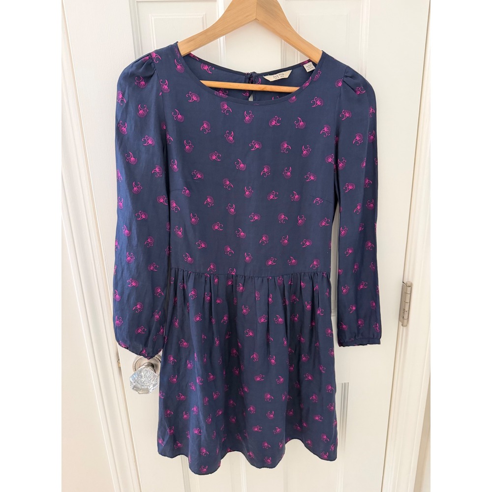 Jack Wills Navy Pink Silk Blend Floral Pheasant Print Fit Flare Dress US 4‎ UK 8